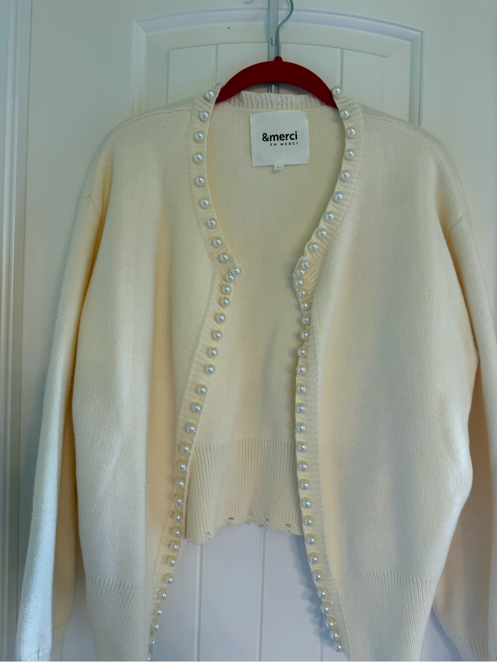 &merci Cream Pearl-Trim Knit Cardigan